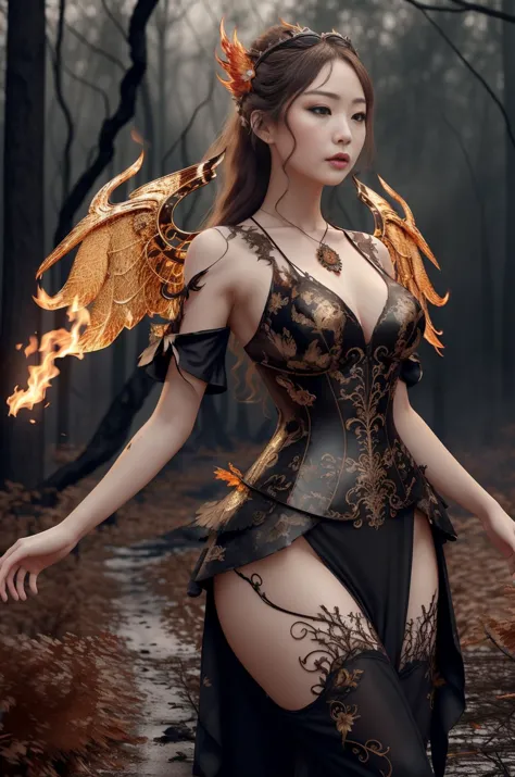 masterpiece,( frontal fullbody:1.3) image of a (burning:1.3) Phoenix dress, 1girl, black dress, lace trim, solo,wandering in a (...