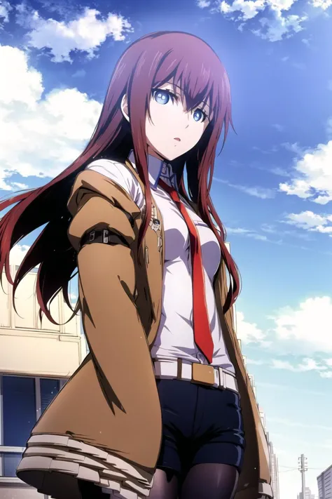 anime girl with long hair and a red tie standing in front of a building