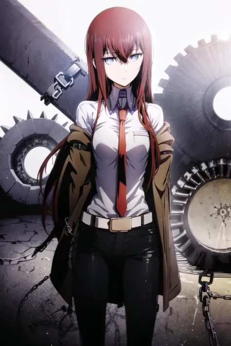 <lora:makiv1:0.7>, 1girl, bangs, belt, blue eyes, chain, chained, gloves, ground vehicle, hair between eyes, jacket, long hair, looking at viewer, makise kurisu, motor vehicle, motorcycle, necktie, red hair, shirt, solo, standing