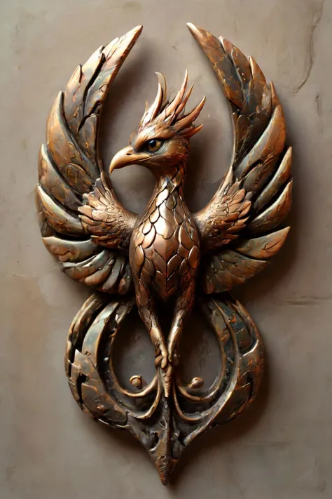 a close up of a metal bird on a wall