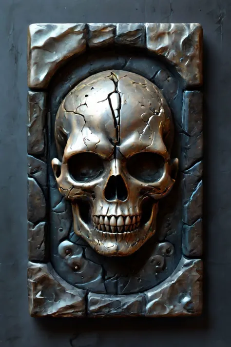 a close up of a skull on a wall with a hole in it