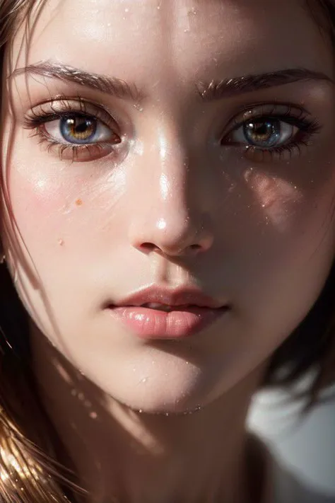 a close up of a woman with a teary face and brown eyes