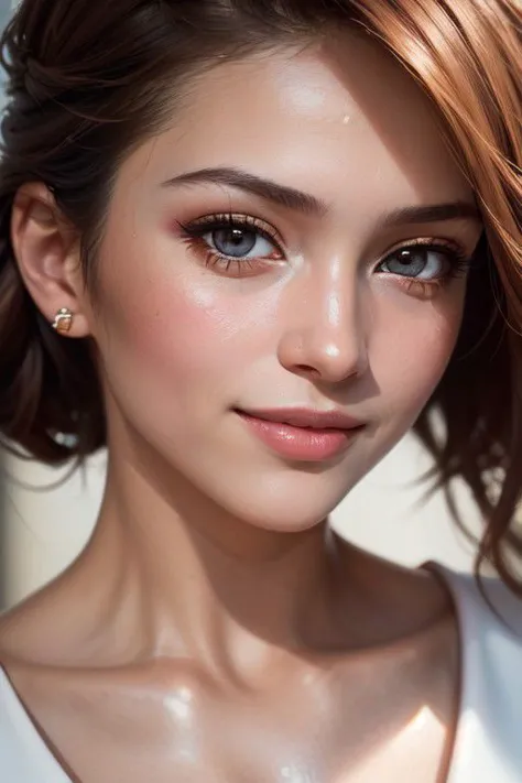 a close up of a woman with a white top and brown hair