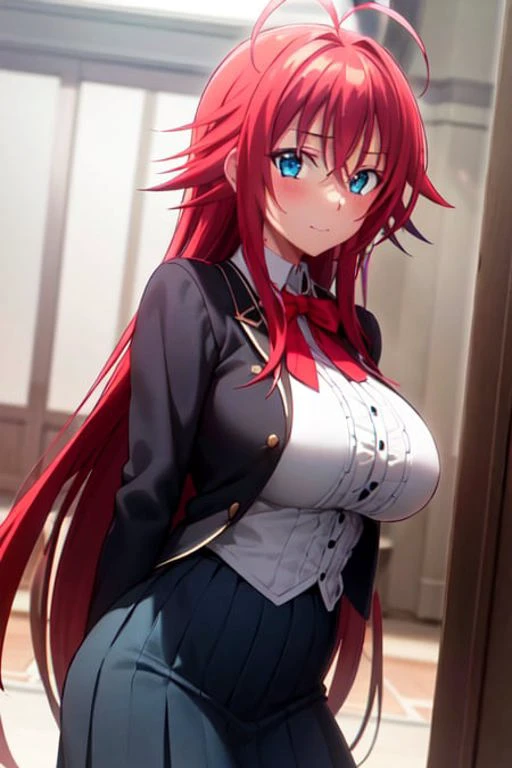 masterpiece, best quality, 1girl, long hair, looking at viewer, :3, cute, black , outdoors, streets, cowboy shot, large breasts, curvy, (((blue eyes))),  rias gremory, red hair, antenna hair,  wavy hair, ((beautiful detailed eyes, beautiful detailed glow, lots of glow)),