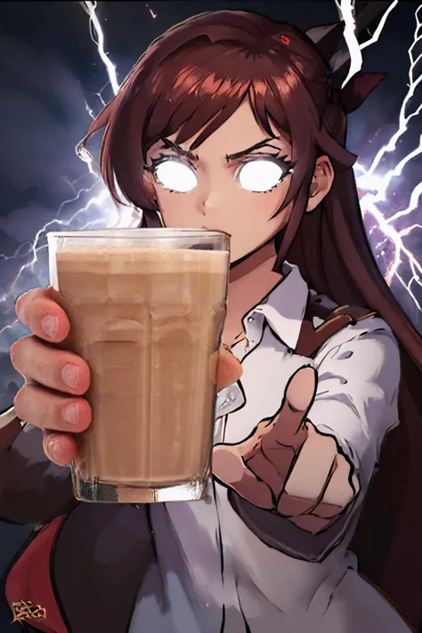 anime girl holding a glass of coffee with lightning in the background