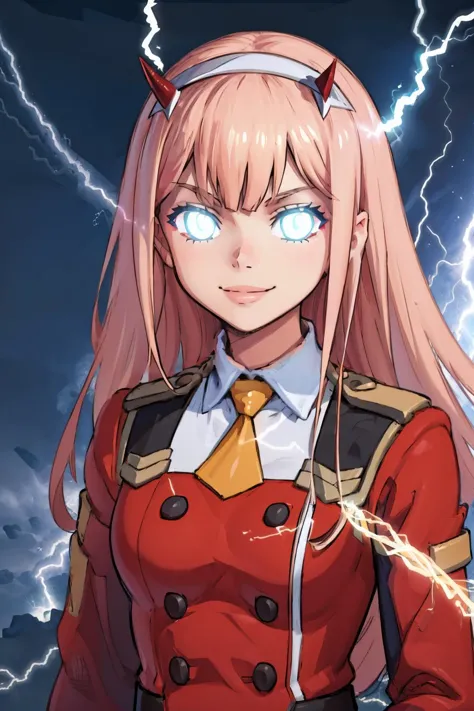 masterpiece, best quality,  <lora:LowTierMeme:1> IncrsLowTier, electricity, glowing eyes  <lora:zerotwo-nvwls-v1:0.8> zerotwo, horns, hairband, necktie, red dress, upper body, smile