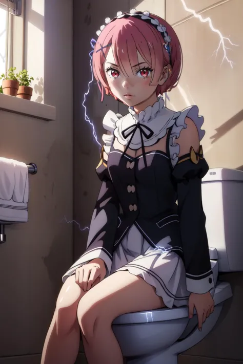 (masterpiece, best quality),  intricate details,
1girl,    <lora:ram-rezero-01:0.8> ram, maid uniform, 
 <lora:LowTierMeme:0.8> IncrsLowTier, electricity, glowing eyes , lightning bolt, 
indoors, sitting on toilet, bathroom,