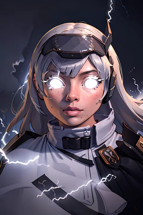 a close up of a woman with a helmet and a lightning bolt