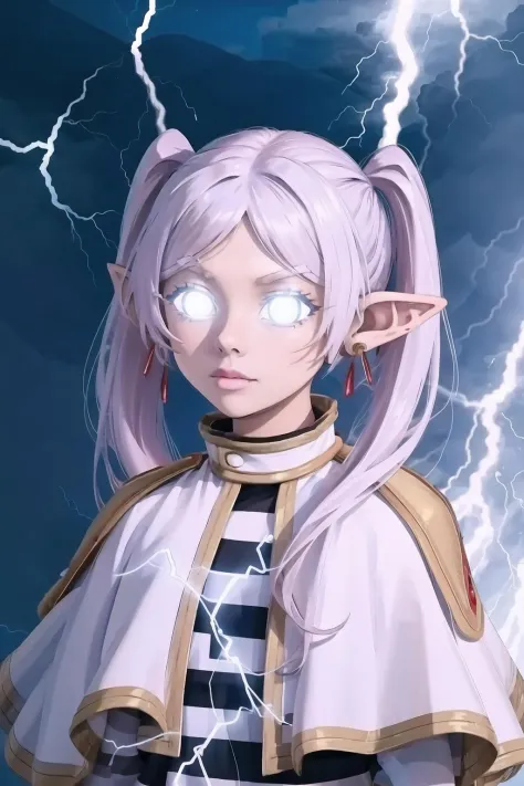 incrslowtier, <lora:LowTierMeme:1>, electricity, lightning, FrierenBase, twintails, earrings, white capelet, striped shirt, <lor...