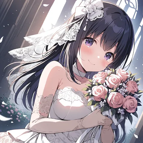 anime - style image of a bride in a white dress holding a bouquet