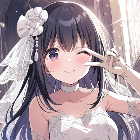 anime bride with veil and veillet holding finger to her nose