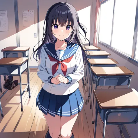 anime girl in a school uniform standing in a classroom