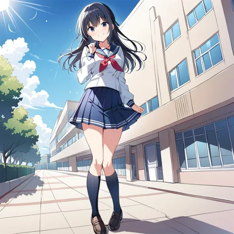 anime girl in school uniform walking down a sidewalk in front of a building