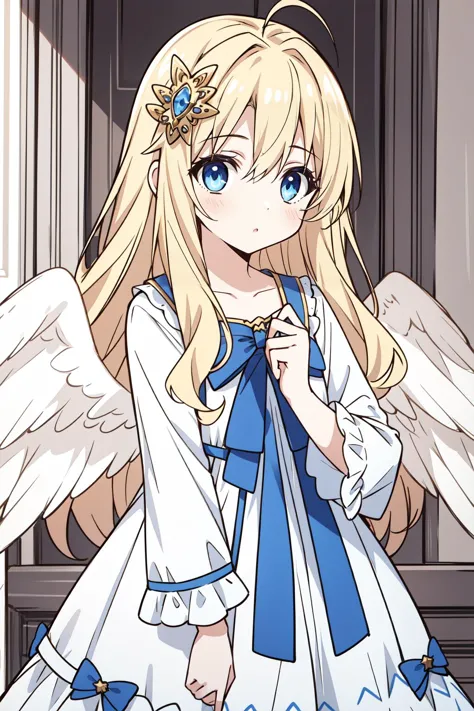 anime girl with angel wings and a blue dress