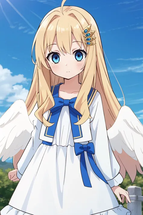 (masterpiece, best quality),  intricate details,
1girl,        <lora:Kizuki - The Rising of the Shield Hero - Filo:0.8> filo, blonde hair, ahoge, hair ornament, flat chest, bangs, long hair, angel wings, white dress, blue bow ,