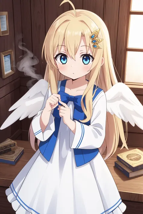 anime girl with angel wings and a blue dress