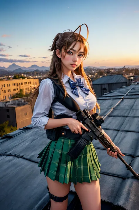 arafed woman in a skirt and a bow tie holding a rifle