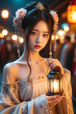 1girl, lantern, hair ornament, flower, hair flower, paper lantern, black hair, red lips, looking at viewer, chinese clothes, hol...