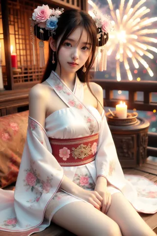 hands_, realistic, 
1girl, solo, fireworks, black hair, japanese clothes, hair ornament, flower, long hair, kimono, candle, hair...