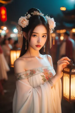 hands_, 1girl, lantern, hair ornament, flower, hair flower, paper lantern, black hair, red lips, looking at viewer, chinese clot...