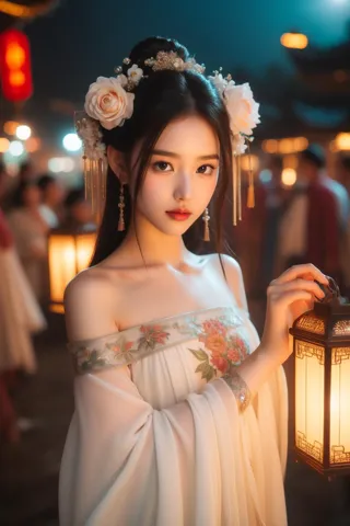 hands_, 1girl, lantern, hair ornament, flower, hair flower, paper lantern, black hair, red lips, looking at viewer, chinese clothes, holding, dress, blurry, solo focus, long hair, black eyes, realistic, bare shoulders, white dress, lips, night, lipstick, outdoors, upper body, blurry background, solo, makeup, hair bun
<lora:å«£ææ¥¼3:0.8>