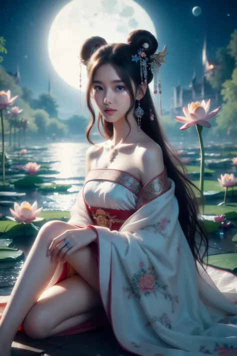 hands_, realistic, 
1girl, moon, jewelry, hair bun, solo, long hair, night, sitting, hair ornament, flower, lily pad, double bun, full moon, brown hair, barefoot, sky, lotus, water, earrings, chinese clothes, looking at viewer, night sky, ring, bare shoulders, sash, black hair
<lora:å«£ææ¥¼3:0.8>