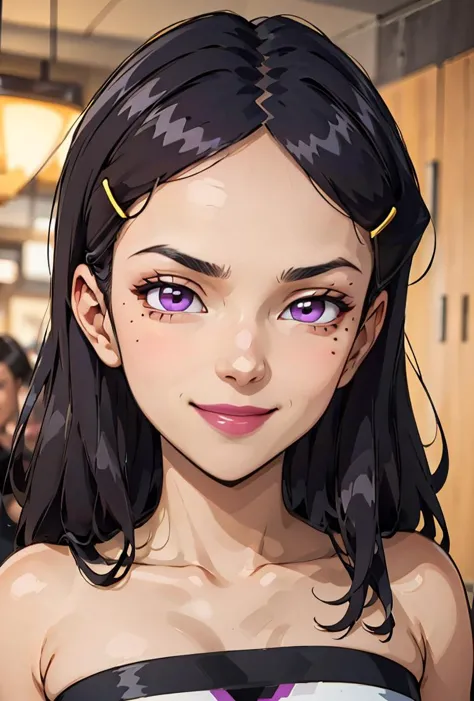 anime girl with purple eyes and black hair in a black and white dress