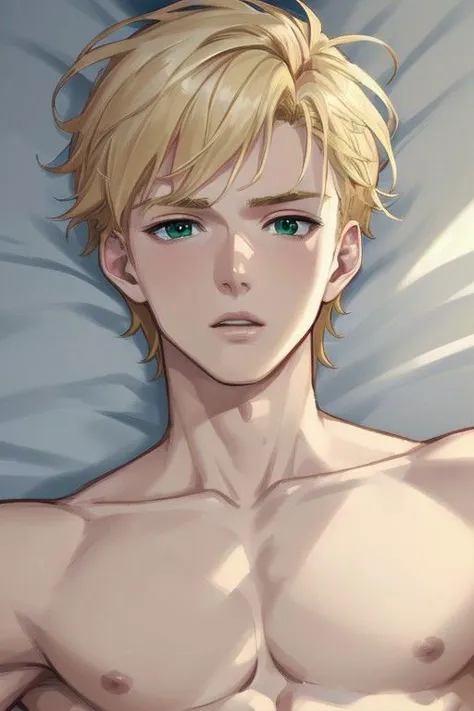 close up on the face of handsome (shirtless:1.1) 21yo sexy blonde twink, slender features, perfect features, top view in bed, lo...