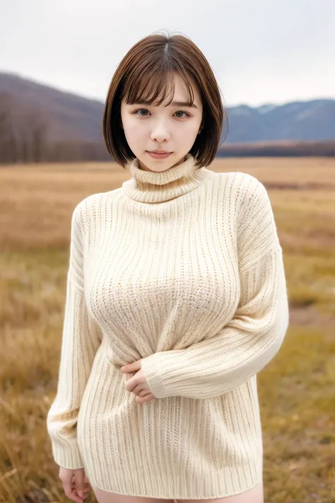 a woman in a white sweater standing in a field