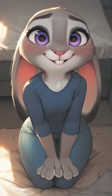 score_9, score_9_up, score_8_up, score_7_up, score_6_up, score_5_up, source furry, anthro, Long exposure photo of Hyperrealistic art anthro, judy hopps, detailed two tone grey fur body with white chest, grey lagomorph feminine beautiful face, fully in view, kneeling, solo, fully clothed, nsfw, buckteeth, smiling, blushing, birds eye view shot, indoors in bedroom with romantic lighting, animal feet with pawpads, <lora:MilesDF-000004:.8>