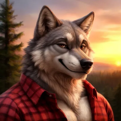 a close up of a wolf wearing a red shirt in a forest