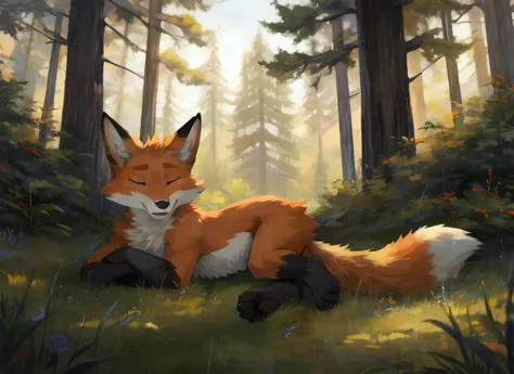 a fox lounging on his back in the woods with its tail curled up and eyes closed, looking at something in the distance, artist, f...