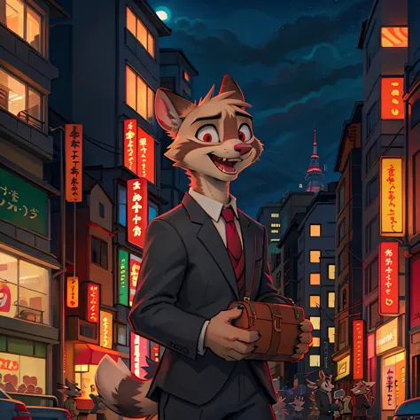furry male raccoon, panic face, open mouth , eyes looking to the side, japan, tokyo,  buildings, skyscrapers, ads, bill boards, japanese, wearing a suit, holding a suitcase, night time,   best quality, high quality, by_schmutzo, by schmutzo, art by schmutzo, schmutzo, by_samur_shalem, by samur shalem, samur shalem, art by samur shalem, detailed eyes, correct eyes,   