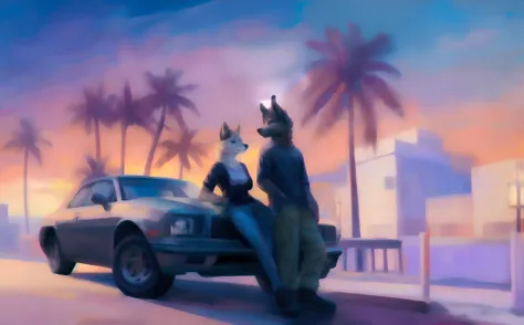 furry male wolf and female dog, duo, leaning on car hood, snout, eyes, ears,  palm trees, building, car, cloud, cloudy sky,  dusk, evening, gradient sky, ground vehicle,  motor vehicle, orange sky, outdoors, palm leaf, palm tree, plant,  purple sky,  sky,  solo, sun, sunset,  best quality, high quality, detailed , masterpiece, high quality, best quality,  