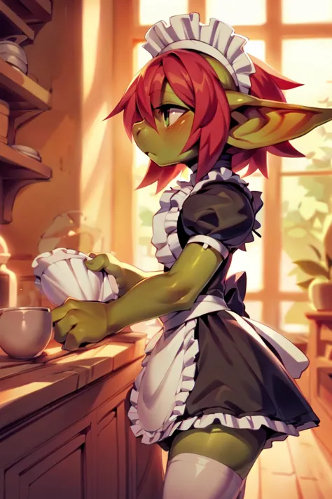 female, (goblin:1.2), skinny, (tall:0.6), red hair, (thinking:1.1), (medium breasts:0.5), (maid:1.4), white thighhighs, 
<lora:fluffyrock-quality-tags-v3.0-vpred:0.6>, masterpiece, best quality, detailed background, photo background, digital drawing (artwork), by batruse, by null-ghost, by coffeesoda, light_blush, side view, three-quarter view