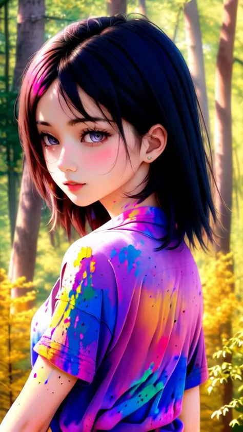 a girl with a colorful shirt is standing in the woods