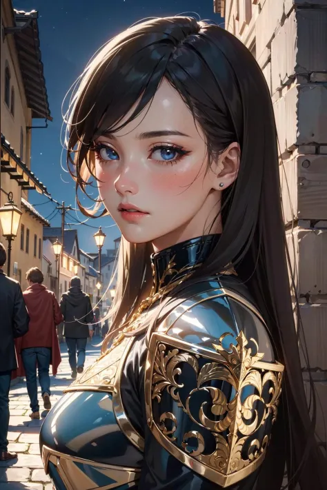 (masterpiece, best quality:1.4), (beautiful, perfect, delicate, detailed, intricate, aesthetic:1.2), realistic, cinematic shot, cinematic lighting, cinematic bloom, dramatic light, (1girl), woman walking through the streets of a medieval village, (fantasy, dark fantasy, epic), (perfect face, detailed face, glossy lips, eyeliner, blush),  (rogue black leather armor), (night:1.4),