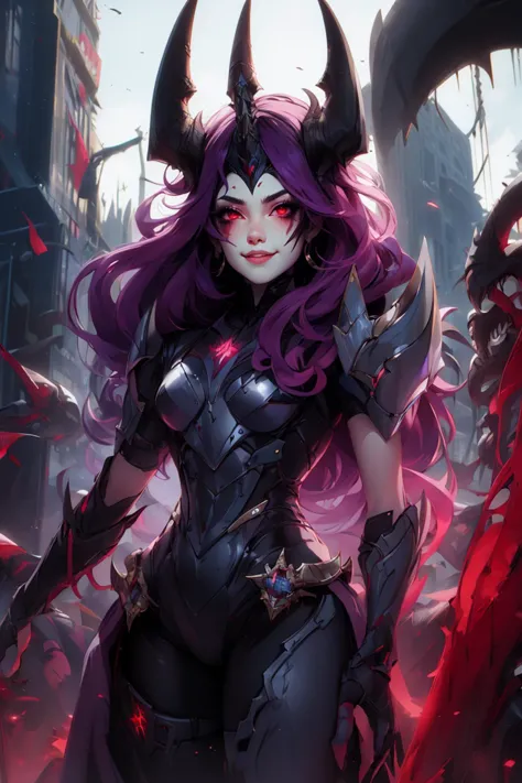 a woman with purple hair and horns in a city