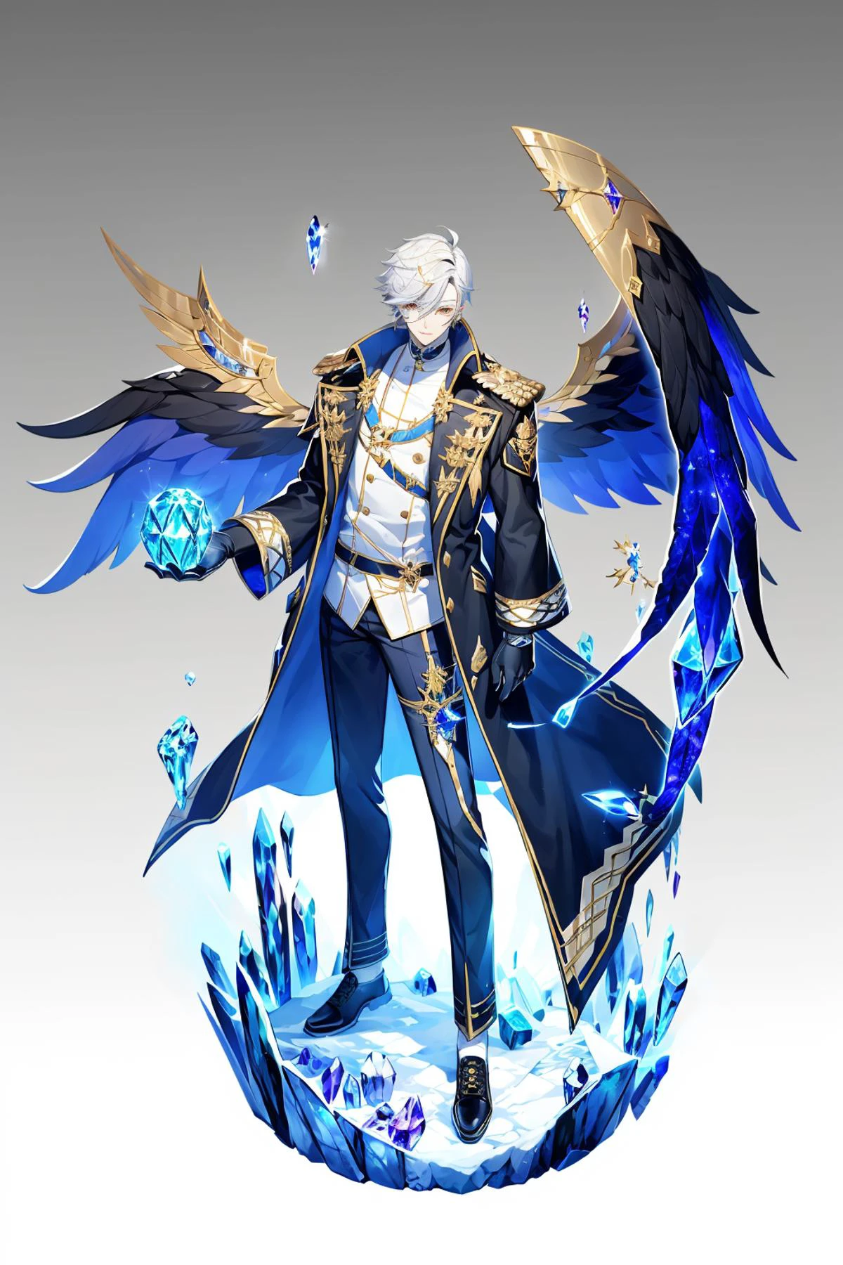 magic, Two-dimensional culture, western clothing style, original character design, game characters, 1boy, male focus, solo, wings, gradient, gradient background, pants, full body, looking at viewer, crystal, standing, gloves, grey background, gold trim, coat, black footwear, ice, blonde hair, white hair, black pants