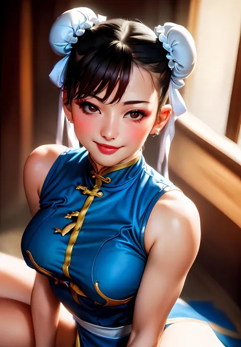 (Photo:1.3), highdetail, <lora:chun-li:0.8>, chun-li, 1girl, solo, smirk, sitting, in love, heart, sweet, cute, blush, (seductiv...