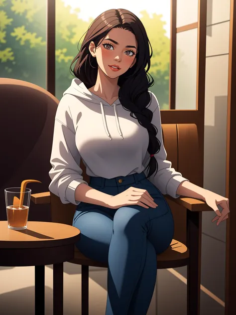 A young woman with a laid-back style, wearing jeans and a hoodie, her naturally curly black hair framing her face, paired with soulful brown eyes and expressive eyebrows, radiating a relaxed and easygoing expression, sitting, patio, crossed legs, glass wall, glass table, sliding doors, 
masterpiece, best quality, artgem, digital art, intricate detail, highres,  <lora:PAseer-SD15-LCM Quick:1> <lora:add_sharpness:1>