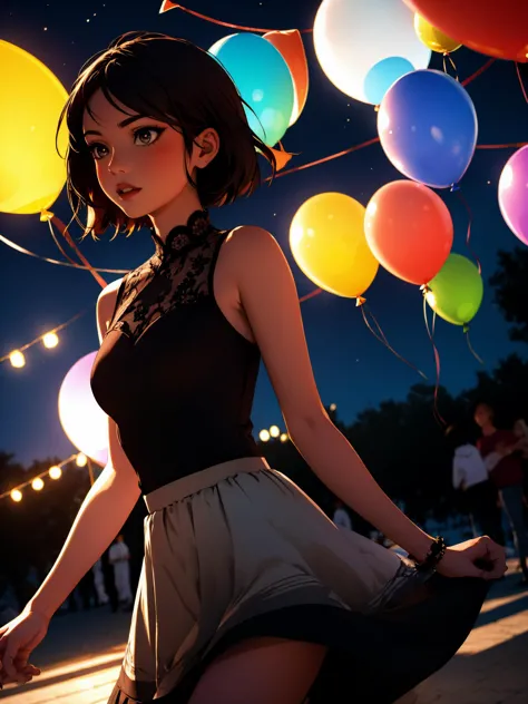 1girl, balloon, bokeh, brown hair,  depth of field, dress,  lens flare, lights, lips, night, paper lantern, short hair, sleevele...