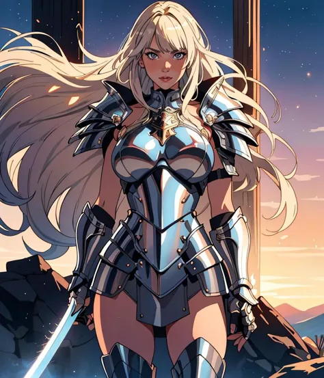 S013_MiaMalkova_v2, 1girl, medium hair, platinum blonde hair, straight hair, long bangs,  silver eyes, fantasy, medieval, heavy armor, knight, crest, holding sword, from side, holding shield, 
masterpiece, best quality, intricate detail, artgem, cartoon, toon \(style\), outline, digital art, <lora:add_sharpness:1>