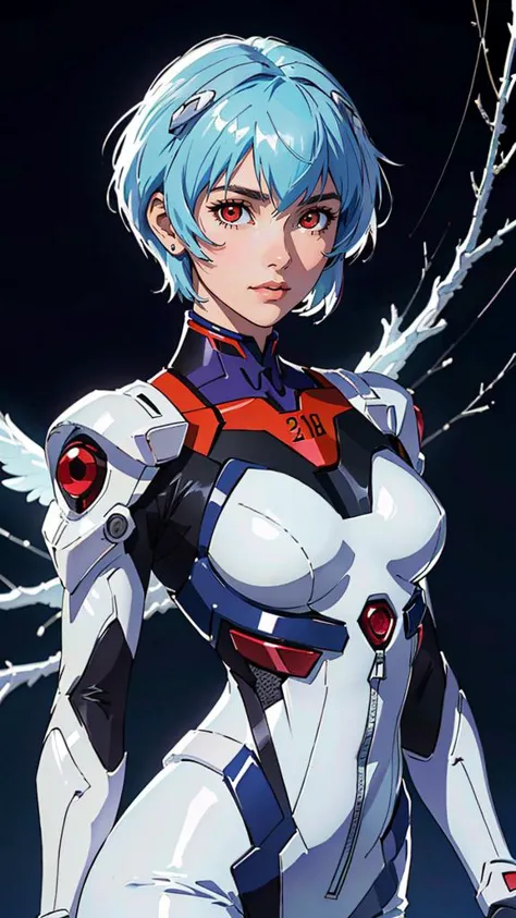 (Meilleure qualité, chef-d&#39;œuvre, Coloré, Angle dynamique, highest détaillé)(\rei ayanami\), Photo du haut du corps, photographie de mode d&#39;une jolie fille (\rei ayanami\), les yeux rouges, dressing high détaillé Evangelion white suit (textures haute résolution), en pose dynamique, bokeh, (détails complexes, hyperdétaillé:1.15), détaillé, le clair de lune traverse les cheveux, (fond fantastique, art officiel, extreme détaillé, highest détaillé), HDR+