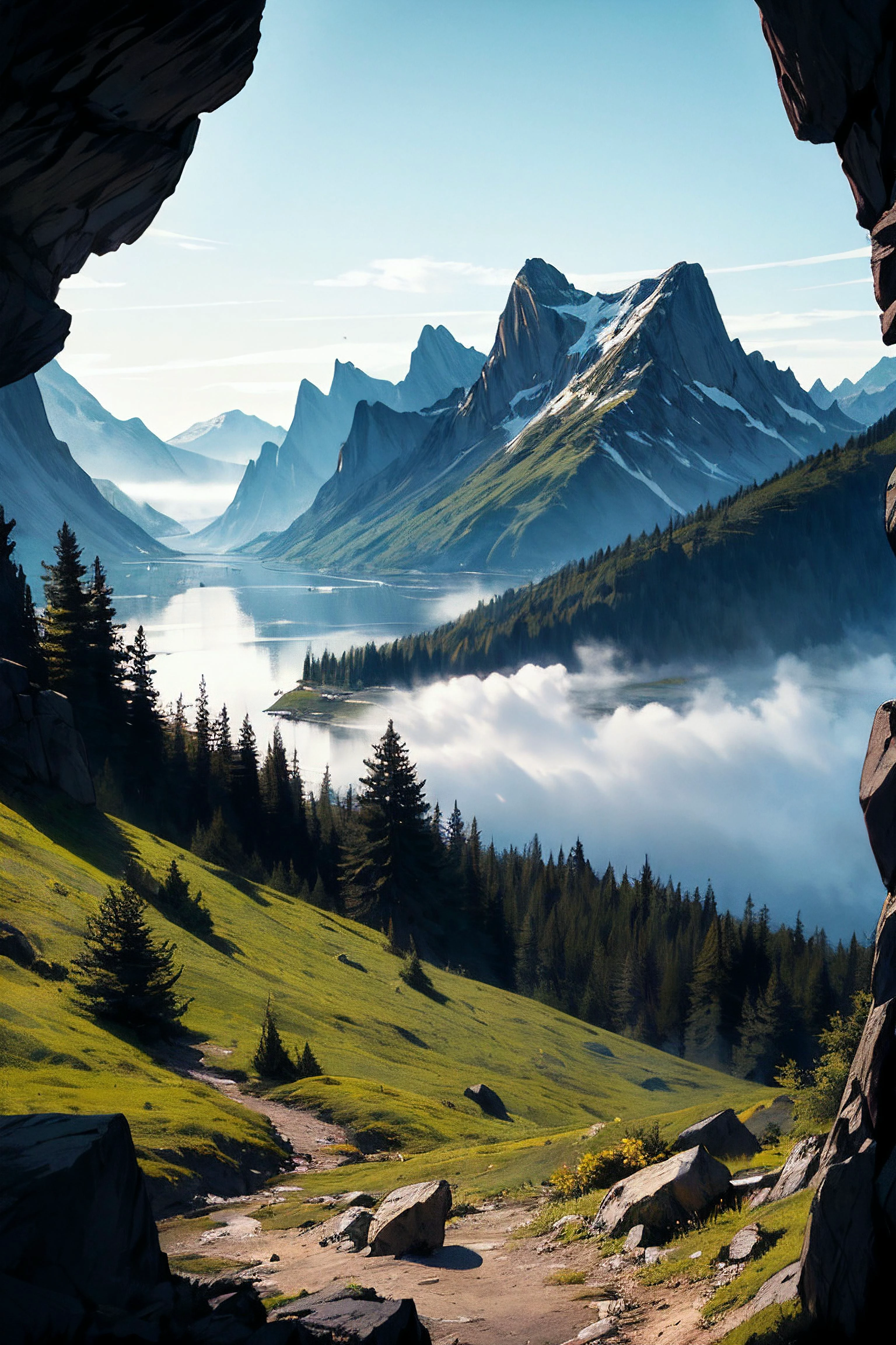 (best quality, detailed, intricate), high contrast, a fjord in summer, landscape, fog, tall spruce trees, backlighting, 
