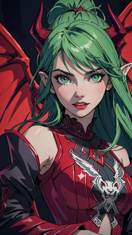 (best quality, masterpiece, highres:1.2), succubus girl, gothic, large demon red wings (high resolution textures), long green hair, (abstract art), half demon, crimson cat iris, cat eyes, vampire very long fangs, (intricate details, hyperdetailed:1.15), detailed, moonlight passing through hair, (official art, extreme detailed, ), HDR+