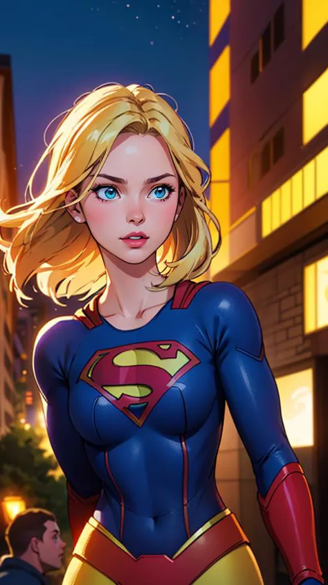 (best quality, masterpiece, highres:1.2)(Supergirl), blonde long hair girl (Supergirl), dressing high detailed Supergirl suit (h...