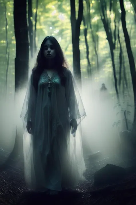 a woman in a white dress standing in a forest with fog