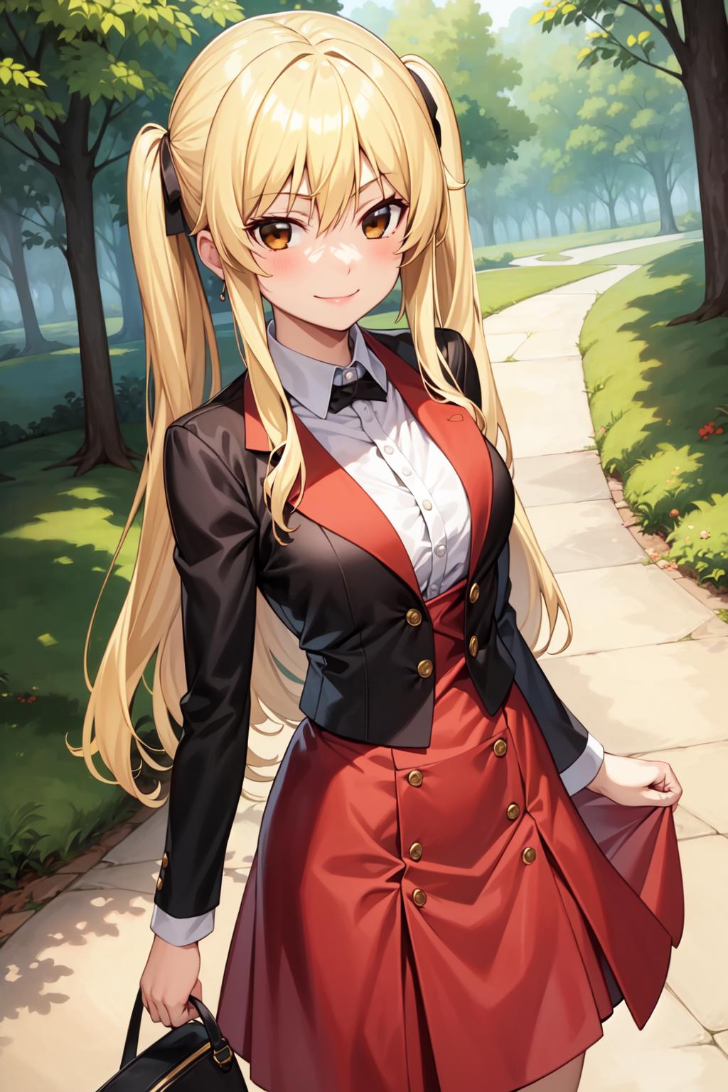 Anime girl in a short dress walking down a street with a purse - SeaArt AI