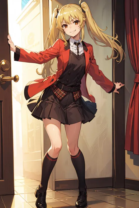 masterpiece, best quality, 1girl, solo, saotome mary, twintails, blonde hair, brown eyes, <lora:Kizuki - Kakegurui Saotome Mary LoRA:0.5>, evil smile, full body